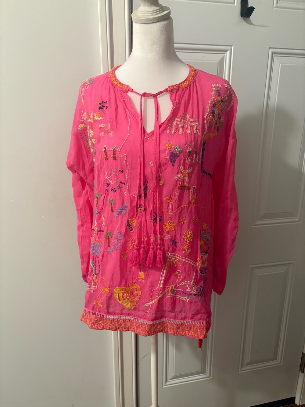 Jonny Was Pink Embroidered Tie-Neck Women’s Top
